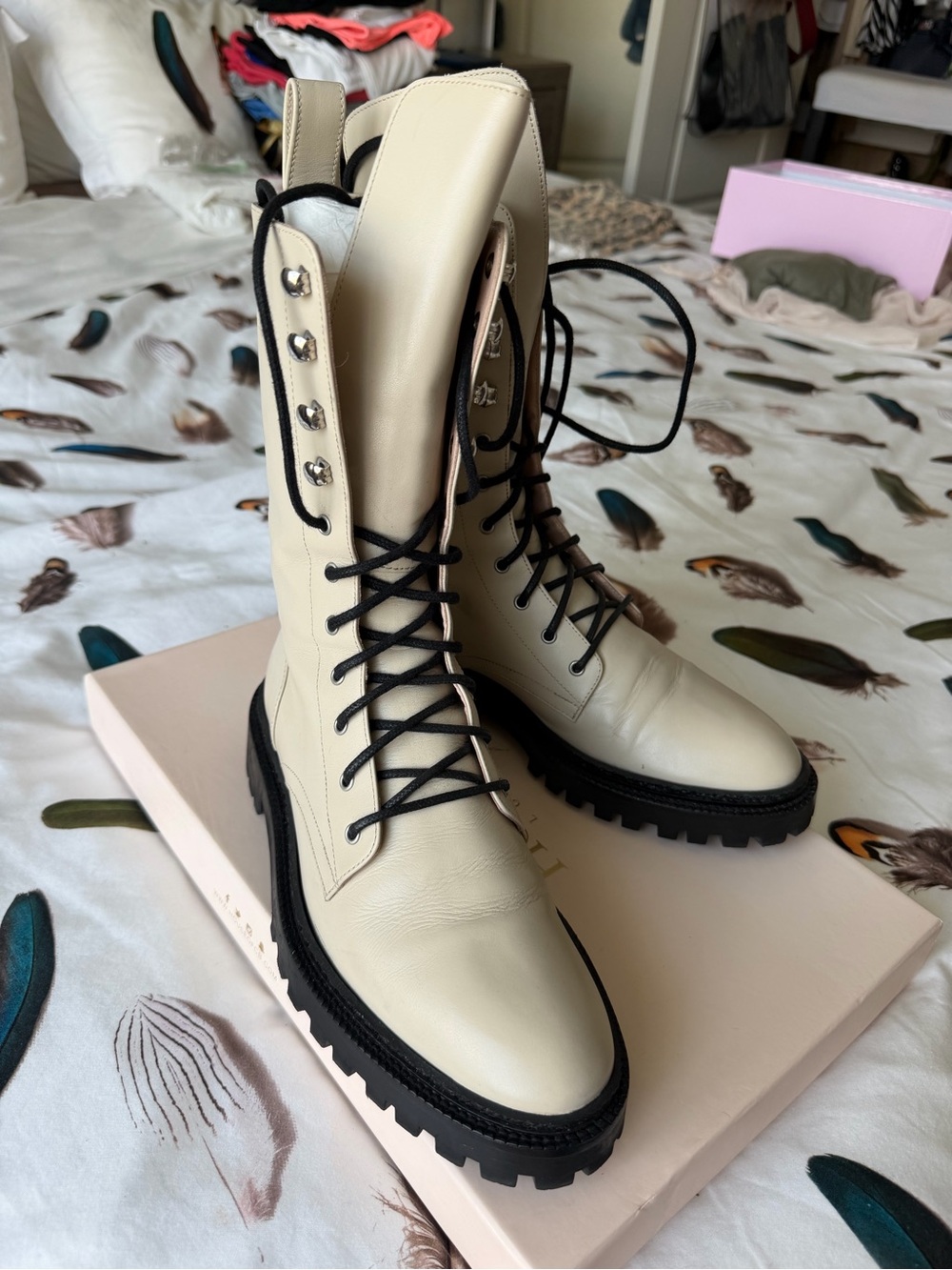 Inch 2 Women's Cream Lether Lace-Up Combat Boots with Black Lug Sole